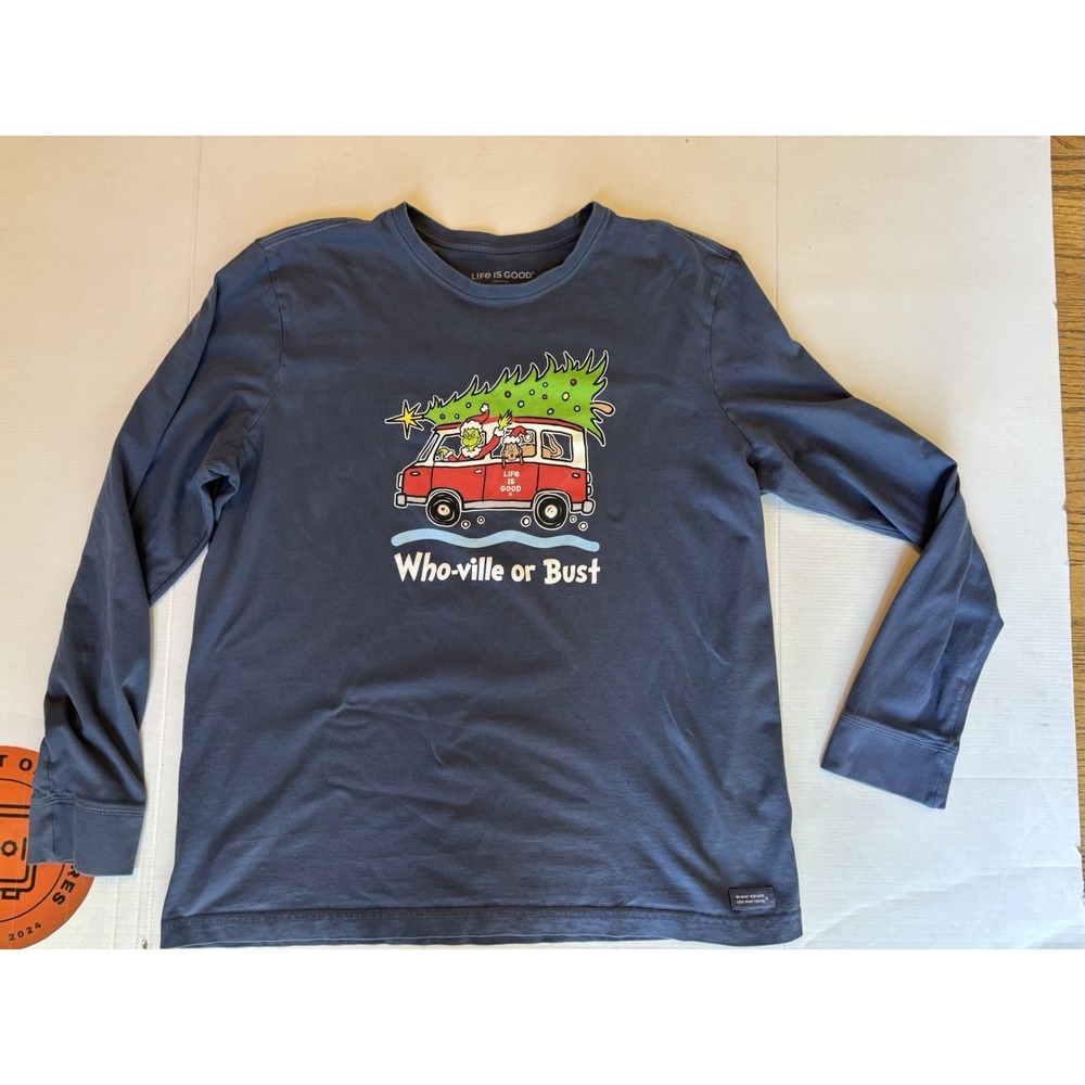 Life Is Good Crusher Shirt Mens XL Blue Grinch Whoville Or Bust Christmas Tee‎